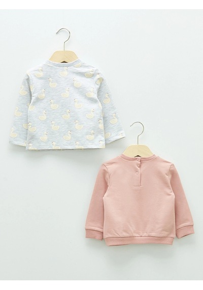 LC Waikiki Lcw Baby Pembe Bisiklet Yaka Uzun Kollu Baskılı Kız Bebek Sweatshirt 2'li Dusty Rose