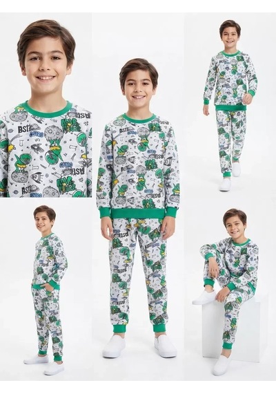 Veraura Lifestyle 4/10 Yaş Uzay Mekiği Baskılı Pamuk Penye Çocuk Pijama Takımı Yeşil