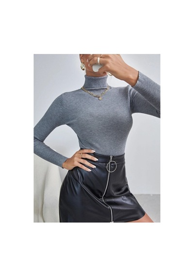 Hanclo Kadın Fitilli Balıkçı Yaka Slim Fit Triko Kazak Füme