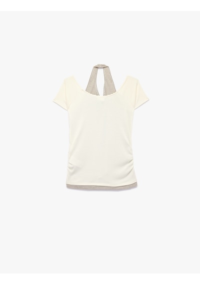Koton Viskon Karışımlı Kayık Yaka Kısa Kollu Slim Fit Crop Tişört Ekru 6skg10529ak