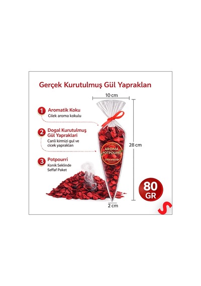 Gerçek Kurutulmuş Gül Yaprağı, Çilek Kokulu - Kırmızı