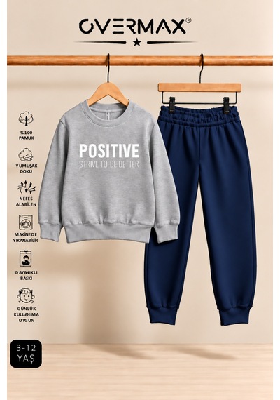 Overmax Positive Baskılı Çocuk Kapüşonsuz Sweatshirt Ve Eşofman Takımı 3-12 Yaş Gri Üst-lacivert Alt - 921449094 Gri Üst-lacivert Alt