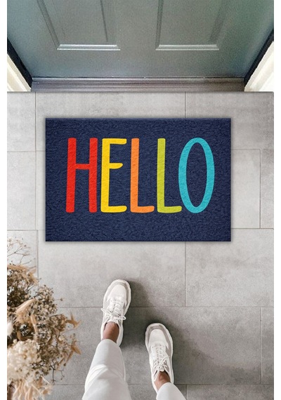 Rugmood Modern Dijital Baskı Paspas - Hello Yazılı Canlı Renkler - Kapı Önü Paspası Lacivert