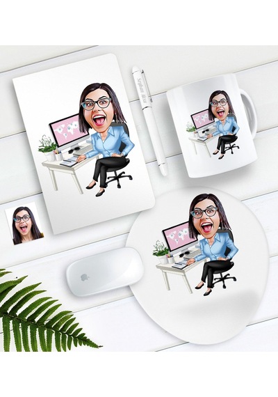 Kişiye Özel Bayan Genel Müdür Karikatürlü Defter Kalem Kupa Mouse