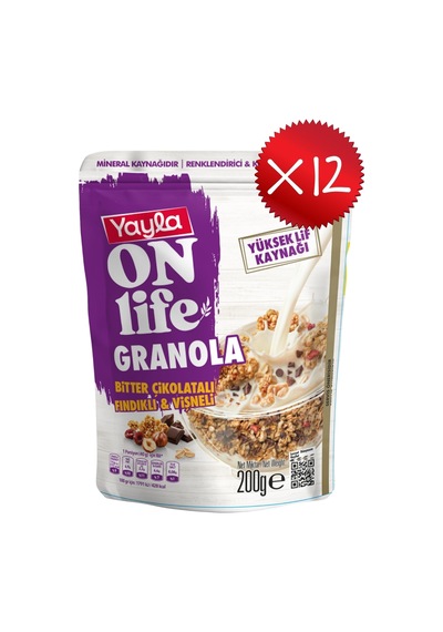 Yayla Onlife Bitter Çikolatalı Fındıklı Ve Vişneli Granola 200 G X12