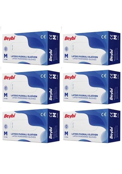 Beybi Pudralı Beyaz Lateks Eldiven 100'lü X 6 Paket M