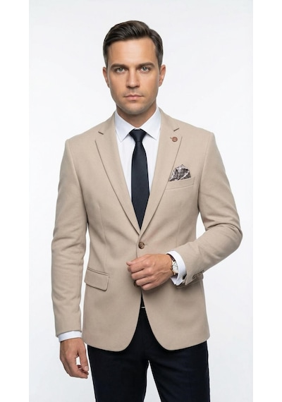 Plus Scorpion Erkek Slim Fit Ceket Likralı Fitilli Kumaş, Çift Düğmeli Tek Yırtmaçlı Modern Tasarım Vizon