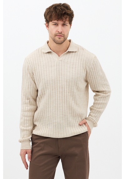 Erkek Bej Slim Fit Uzun Kollu Polo Yaka Triko Kazak Bej