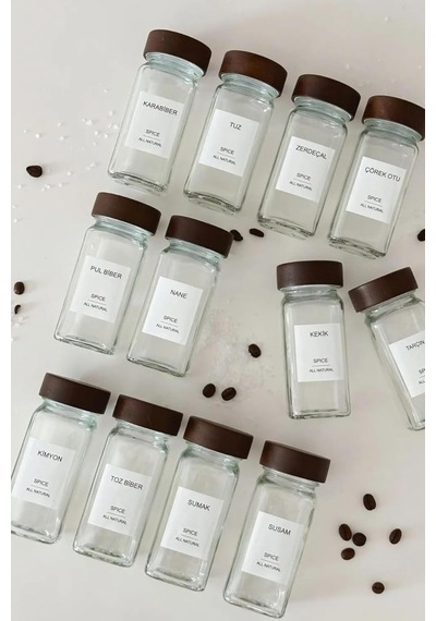 12'li Bambu Ve Akasya Kapaklı Cam Baharatlık Seti 120 Ml - Doğal Ahşap Kapaklı, Şeffaf Cam, Sağlıklı Ve Şık Baharat Kavanozları Akasya Kapak Çok Renkli