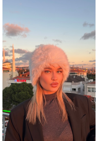 Mollycrush Elit Rus Slav Tarzı Suni Kürklü İçi Deri Peluş Tüylü Kadın Kalpak Şapka Beyaz