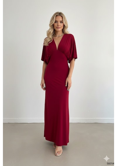 Defymoda Kadın Uzun Yırtmaçlı Modern Kesim Elbise Bordo