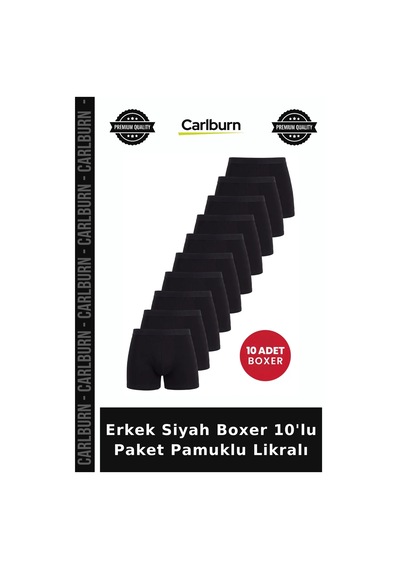 Carlburn Premium Erkek Siyah Boxer 10'lu Paket Pamuklu Likralı Konforlu Yumuşak Doku Esnek Giyim
