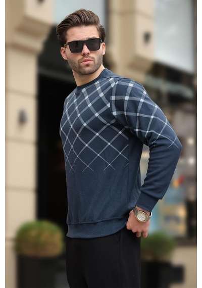 Madmext İndigo Desenli Bisiklet Yaka Triko Kazak 6019 İndigo