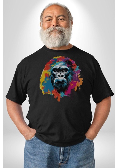 Renkli Maymun Goril Unisex Unisex Siyah Organik Baskılı T-shirt Penye Yüksek Kalite Siyah