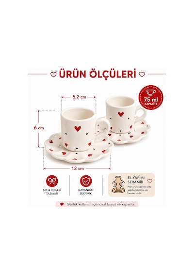 El Yapımı Seramik Türk Kahvesi Fincan Takımı,2 Kişilik-4 Parça Fincan Seti,75 Ml Çok Renkli - Kırmızı Kalp Desen