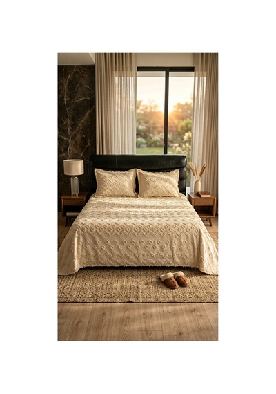 Krem Şönil İskandinav Yatak Örtüsü Takımı 250 X 260 Cm Valonlu Model 2 Adet 50 X 70 Yastık Kılıfı Bej