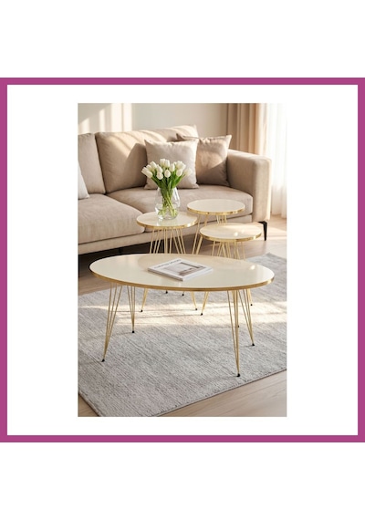 Gees Global Zigon Sehpa Ve Orta Sehpa Elips Set Gold Krem Tel Gbzs