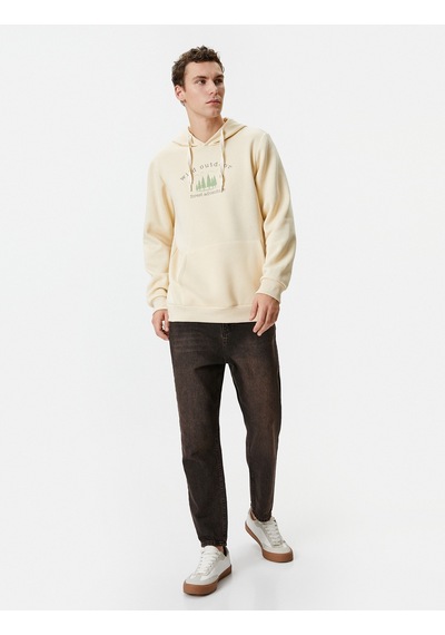 Koton Slogan Baskılı Hoodie Kanguru Cepli Manzara Detaylı Ekru 4wam70214mk Ekru