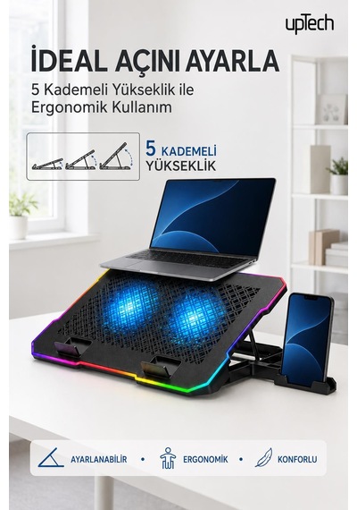 Uptech Rgb Laptop Soğutucu 2 Fanlı Ayarlanabilir Standlı Notebook Soğutucu