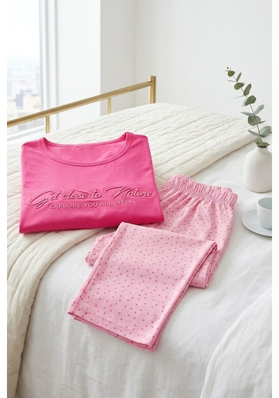 Aura Collections Kadın Desenli Bambu Viskon Uzun Kollu Soft Örme Mevsimlik Pijama Takımı Pembe