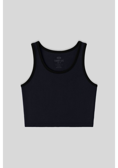 Tommy Life Lacivert Basic Sıfır Kol Dar Kalıp U Yaka Kadın Crop Top Atlet - 97162 Lacivert