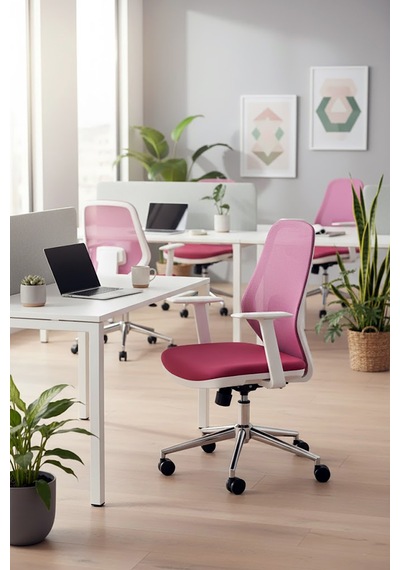 Ofisbazaar Dali Beyaz Fileli Çalışma Koltuğu Ergonomik Şef Ve Toplantı Koltuğu Pembe Pembe