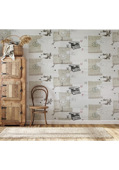 Krem Retro Daktilo Ve Posta Desenleri 16 M2 Duvar Kağıdı Çok Renkli