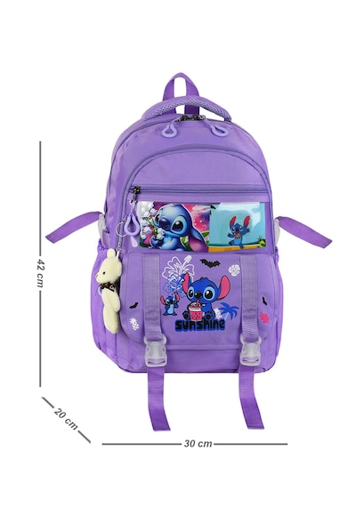 Stitch Baskılı Ortopedik Aksesuarlı Anahtarlıklı Okul Çantası Termal Beslenme Ve Kalemlikli Set Mor