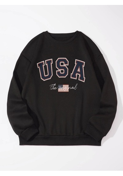 Unisex Oversize Siyah The Usa Baskılı Bisiklet Yaka Sweatshirt Koyu Siyah