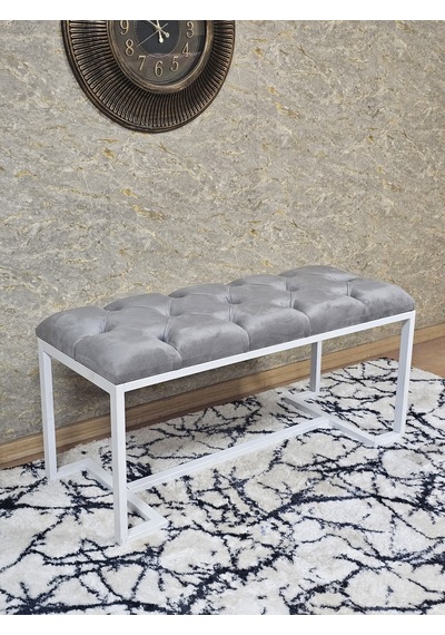 Zafir Beyaz Boyalı - L - Ayaklı 100 Cm X 38 Cm Oturak - Bench - Makyaj Taburesi - Makyaj Oturak Gri