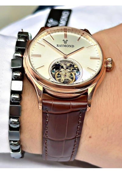Raymond Özel Seri Otomatik Diplomat Klipsli Deri Kordon Erkek Saati Rose Gold 23070977