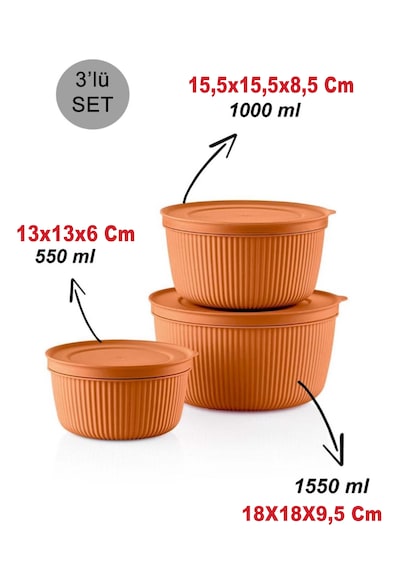 Saklama Kabı 3'lü Set 1550 - 1000 - 550ml Depolama Kutusu - Gıda Çerezlik Hobi Çok Amaçlı Box Turuncu