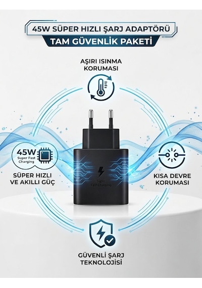 Yeni Nesil 45w Süper Hızlı Şarj Adaptörü Type-c Tüm Telefonlara Uyumlu + Dayanıklı Kablo Siyah Yeni Nesil 45w Süper Hızlı Şarj Adaptörü Type-c Tüm Telefonlara Uyumlu + Dayanıklı Kablo Siyah