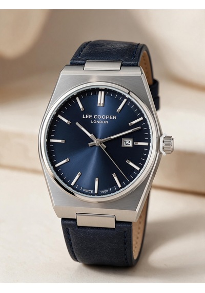 Lee Cooper Lacivert Deri Kayış Mavi Kadran 40 Mm Yuvarlak Erkek Kol Saati, Bileklik Hediyeli Gümüş