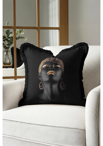 Lüks Afro Portre Saçaklı Yastık Kılıfı - Afrika Esintili Bohem Siyah Püsküllü Kırlent Kılıfı Koyu Gece Kahve