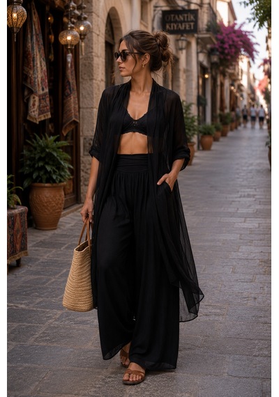 Bohem Stil Itayan Ipek Detaylı Oversize Kaftan- Pantolon Takım Siyah