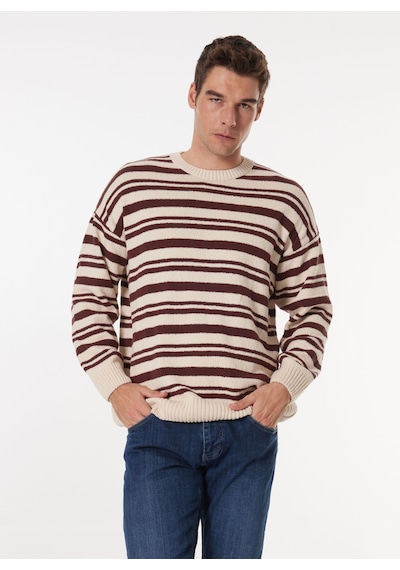 Mustang Erkek Kahve - Bej Bisiklet Yaka Loose Fit Çizgili Kazak M4wm-kzk-1622