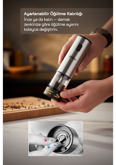 Sinbo Shb-7521 Otomatik Tuz Ve Karabiber Öğütücü Seti Standlı Type-c Şarjlı Ayarlanabilir Öğütme Inox