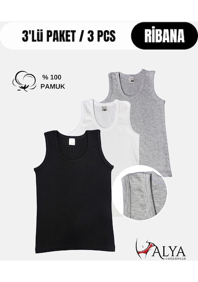 Alya Underwear Erkek Çocuk Pamuk Ribana Atlet Oval Yaka 3'lü Paket Beyaz,siyah,gri-t01