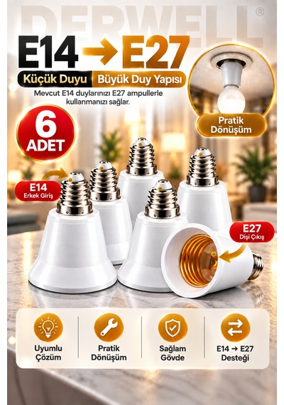 6 Adet E14'ten E27'ye Ampul Duy Dönüştürücü Adaptör - Küçük Duyuyu Büyük Duya Çevirici Aparat, Ev Ve Ofis İçi Pratik Aydınlatma Çözümü, Sağlam Ve Dayanıklı Gövde Yapısı
