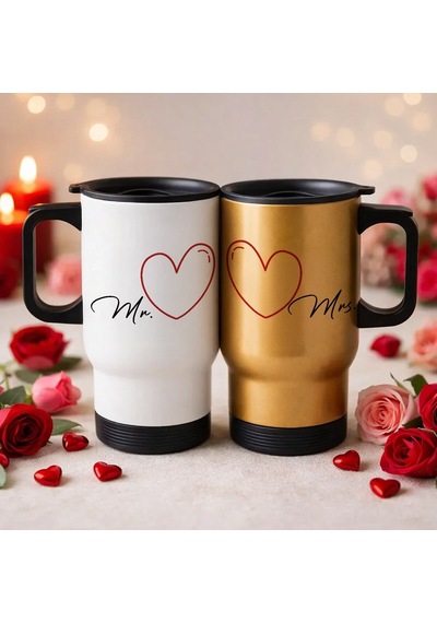 Bk Gift Sevgili Çift Tasarımlı 2li Kulplu Beyaz&gold Çelik Termos Mug 450 Ml -23, Sevgiliye Hediye, Sevgililer Günü Hediyesi Kobitmeyencom36224 Bk Gif