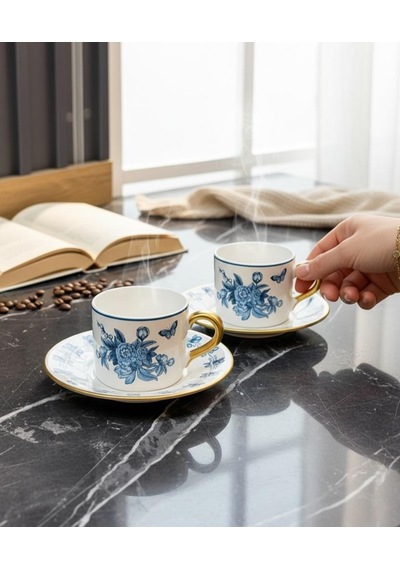 2 Kişilik Double Amber Bloom Blue Kahve Fincanı-5698 Mavi