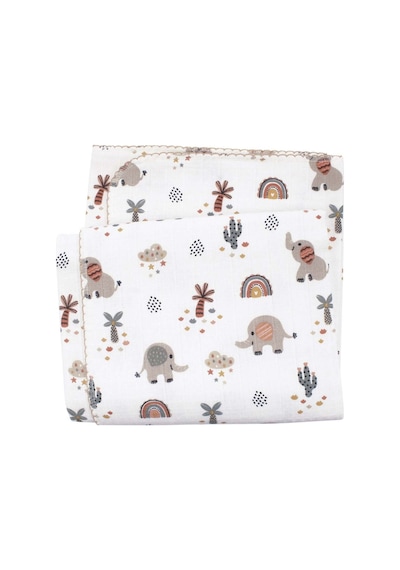 Unisex Ekru Kahve Biyeli Fil Gökkuşağı Desenli Pikeli Müslin Battaniye 100x100cm Çok Renkli