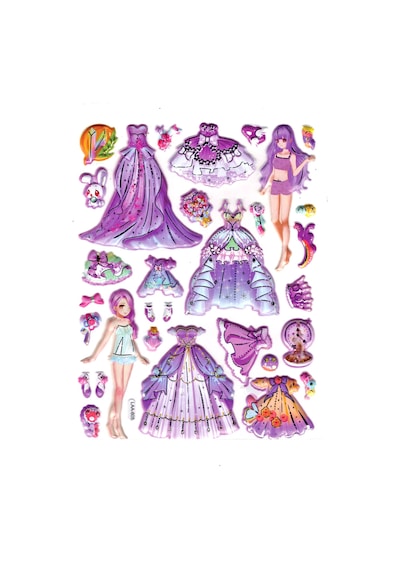 Sticker Kabartmalı Stiker Çıkartma Etiket Laa605 -14x18 Cm- Mor Kız Prenses Giydirme Çok Renkli