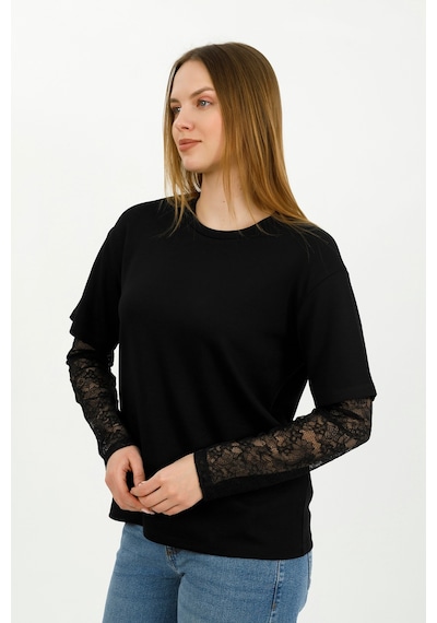 Hdm Kadın Siyah Kolu Dantelli Oversize Bisiklet Yaka Tişört - H6060