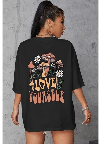 Flood Of Style Kadın Siyah Love Yourself Baskılı Oversize T-shirt