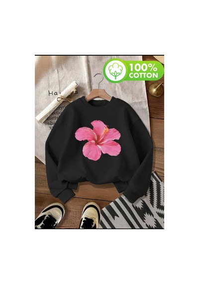 Herkesemoda Pembe Çiçek Desen Detaylı Bisiklet Yaka İçi Polarlı Sweatshirt Siyah