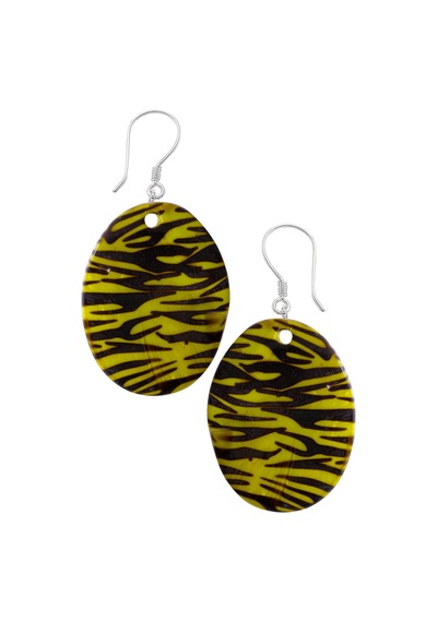 Sertifikalı Leopar Desenli Oval Yeşil Renkli Sedef Taşı Küpe Çok Renkli