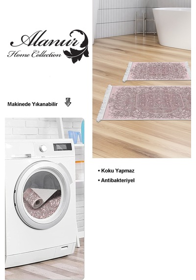 Dekoreko Kaymaz Taban Djt 2 Li Banyo Paspas Takımı Trend Saçaklı Modern 1488 pudra