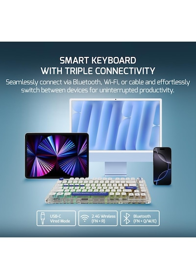 Gasket Pro X Kablosuz Mekanik Oyun Klavyesi, %75 Düzen, Üçlü Mod Kablosuz, Bluetooth, Kablo , Rgb, 81 Tuş, Doğrusal Anahtarlar, Akıllı Ekran, Beyaz